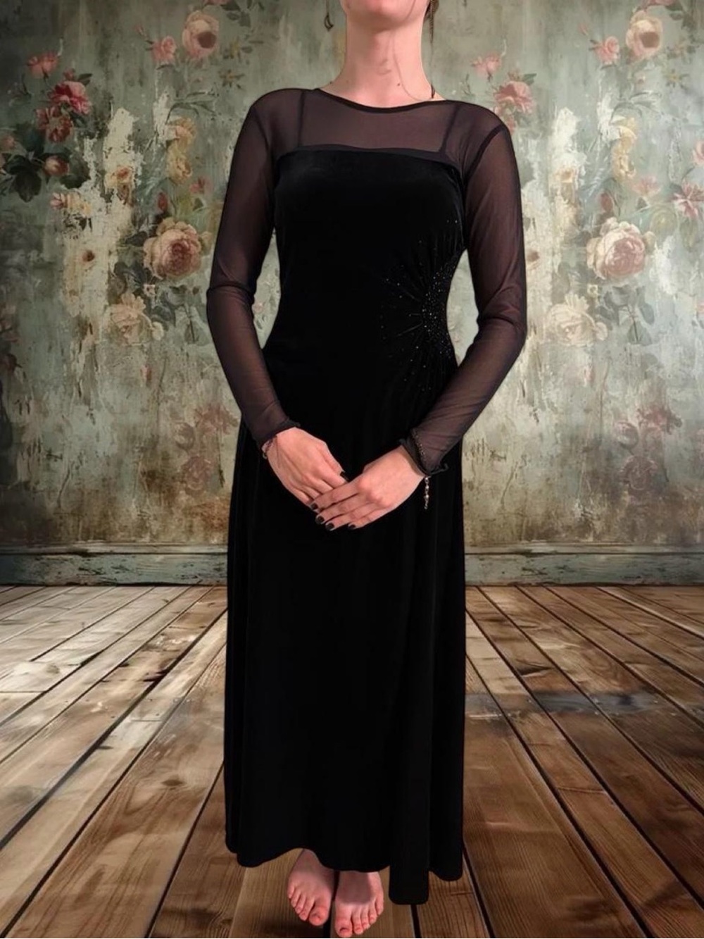 Talbots Black Long Sleeve Velvet & Mesh Evening Dress